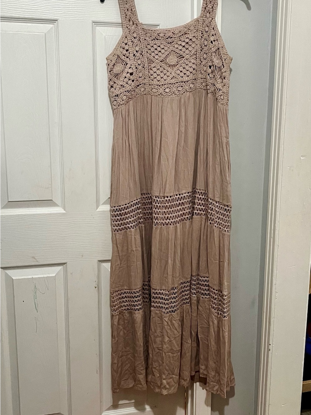 Bohemian Crochet Maxi Dress in Taupe